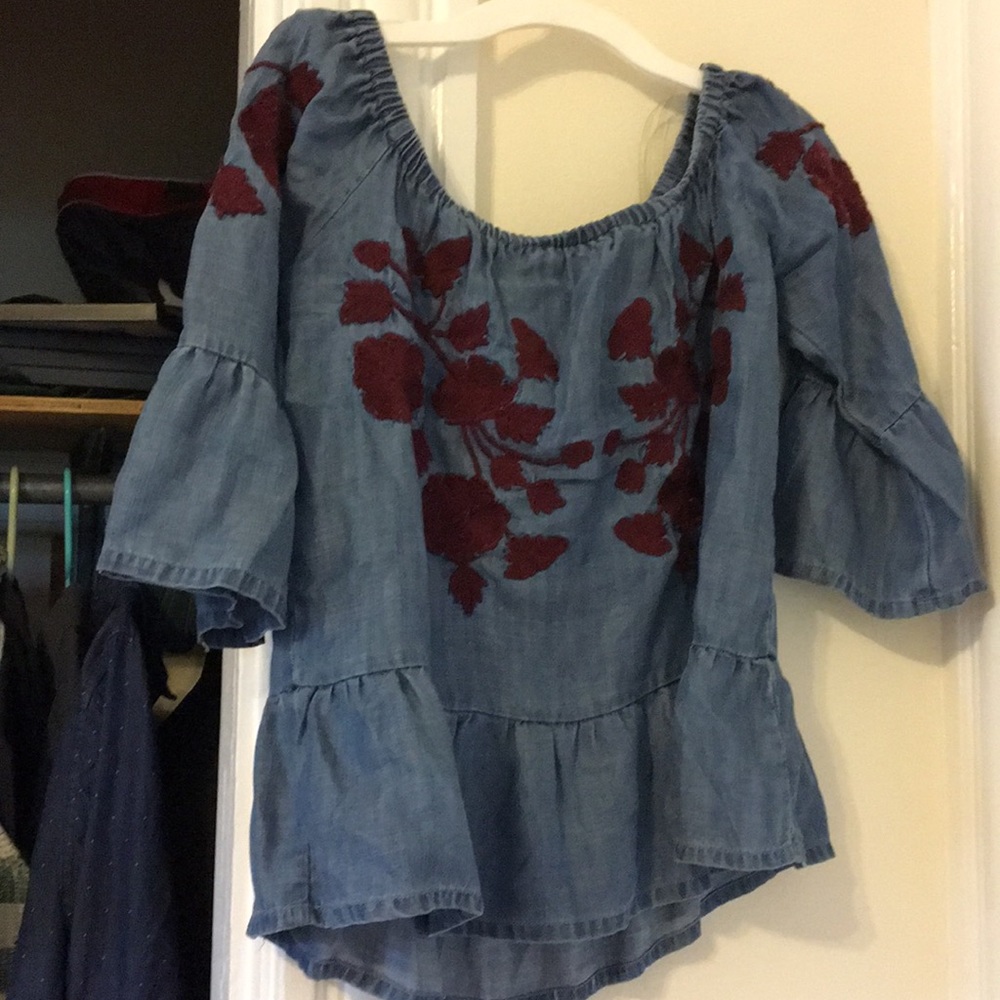 Francesca’s off the shoulder Chambray Blouse - Picture 4 of 7